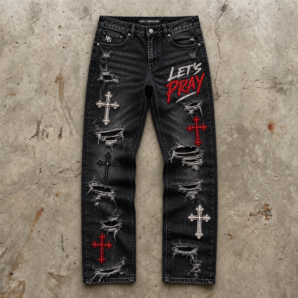 Let’s Pray – Distressed Black Denim