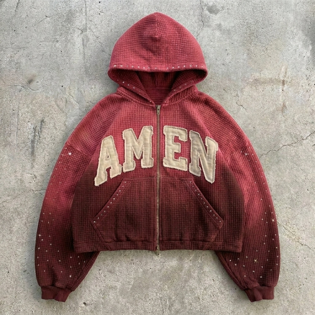 Amen - Washed Red Waffle Zip Hoodie