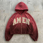 Amen - Washed Red Waffle Zip Hoodie