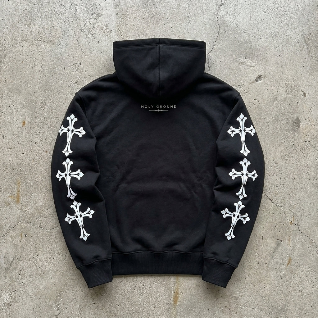 Holy Ground – Cross Sleeve Black Zip Hoodie