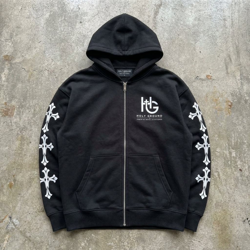 Holy Ground – Cross Sleeve Black Zip Hoodie